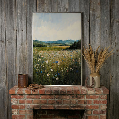 Wildflower Field Canvas Print, Sky Blue & Olive in silver floating frame