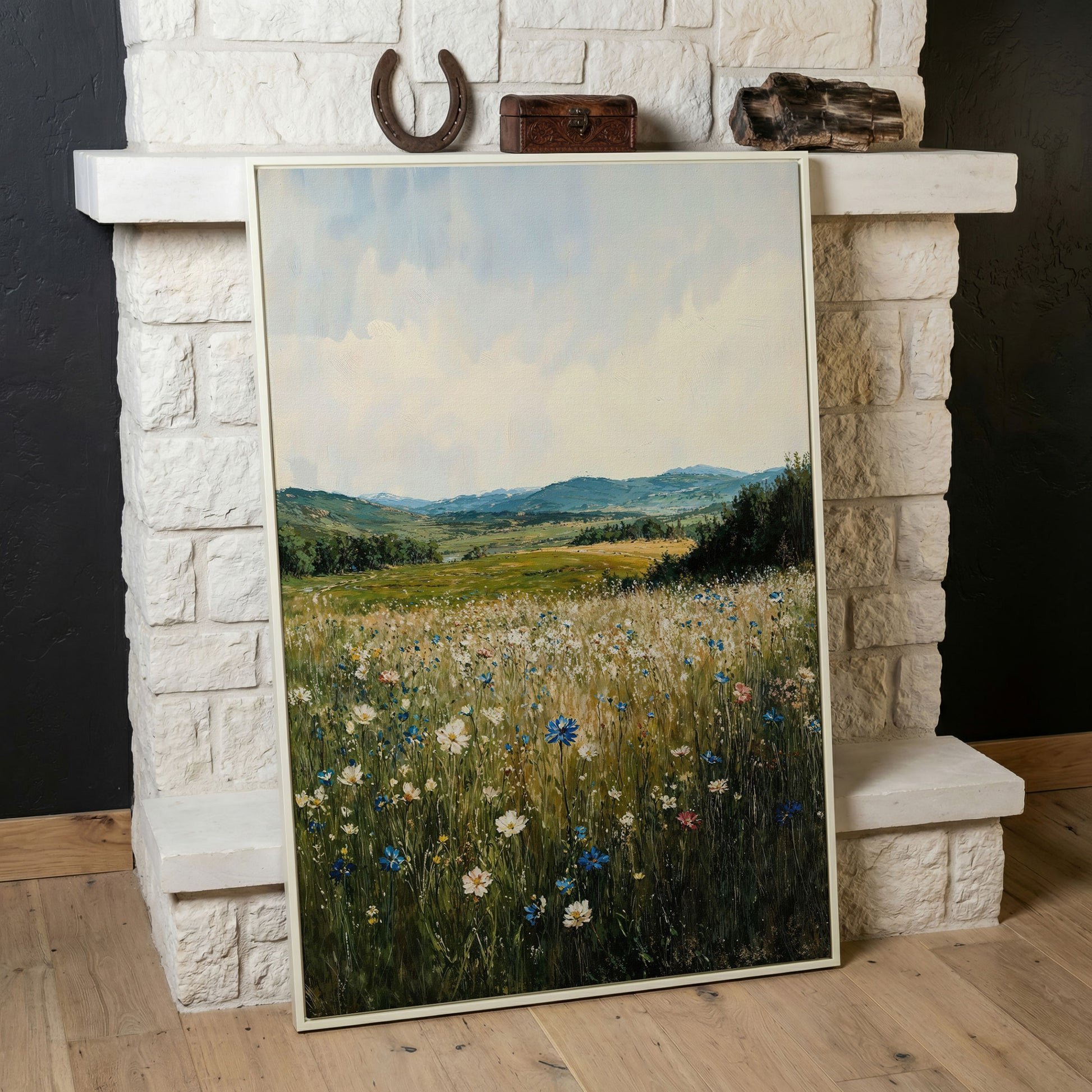 Wildflower Field Canvas Print, Sky Blue & Olive in white floating frame