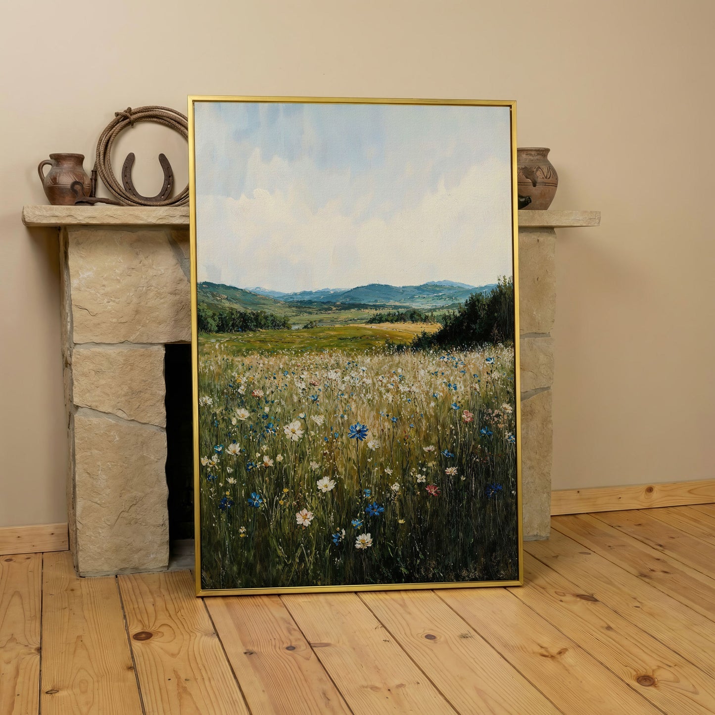 Wildflower Field Canvas Print, Sky Blue & Olive in yellow gold floating frame