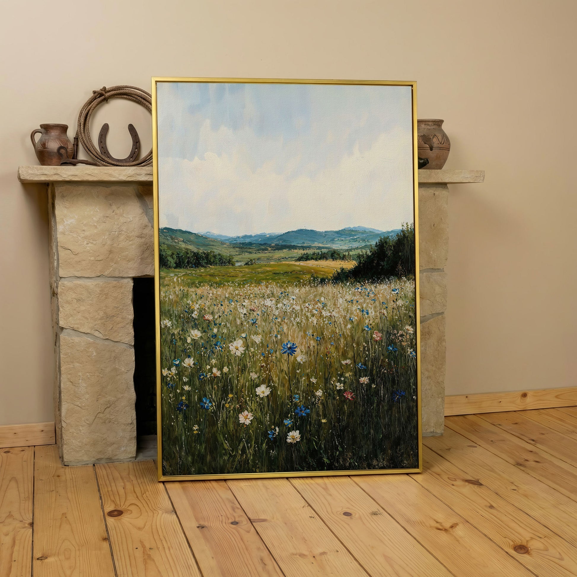 Wildflower Field Canvas Print, Sky Blue & Olive in yellow gold floating frame
