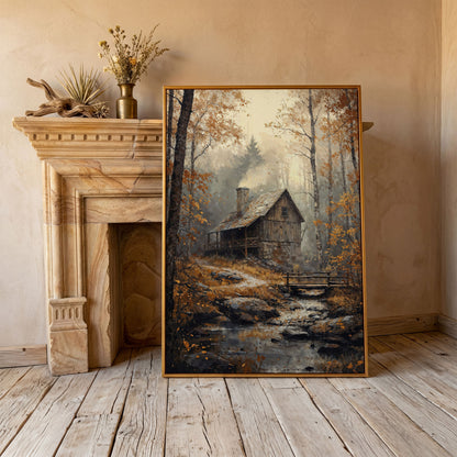 Rustic Autumn Forest Cabin Canvas in antique gold floating frame