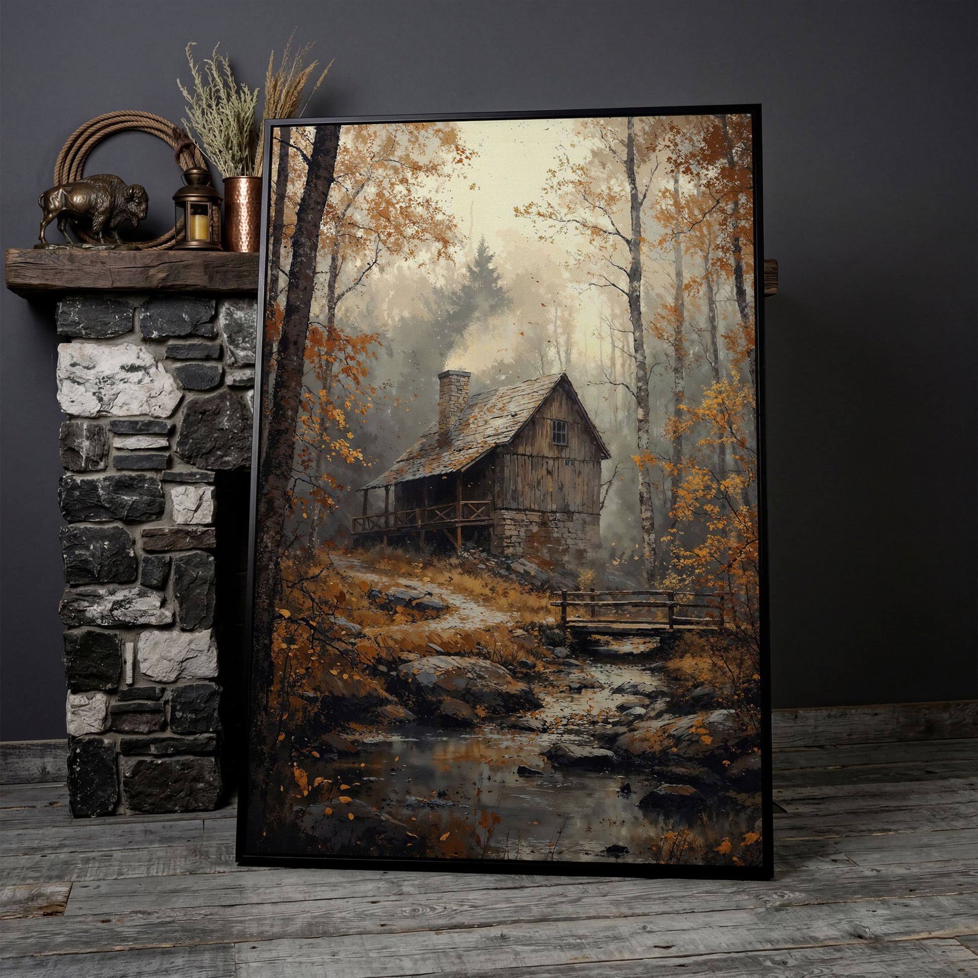 Rustic Autumn Forest Cabin Canvas in black floating frame
