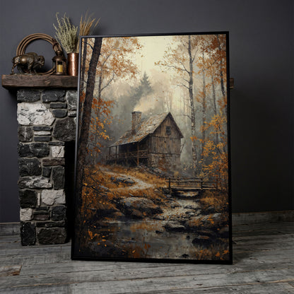 Rustic Autumn Forest Cabin Canvas in black floating frame