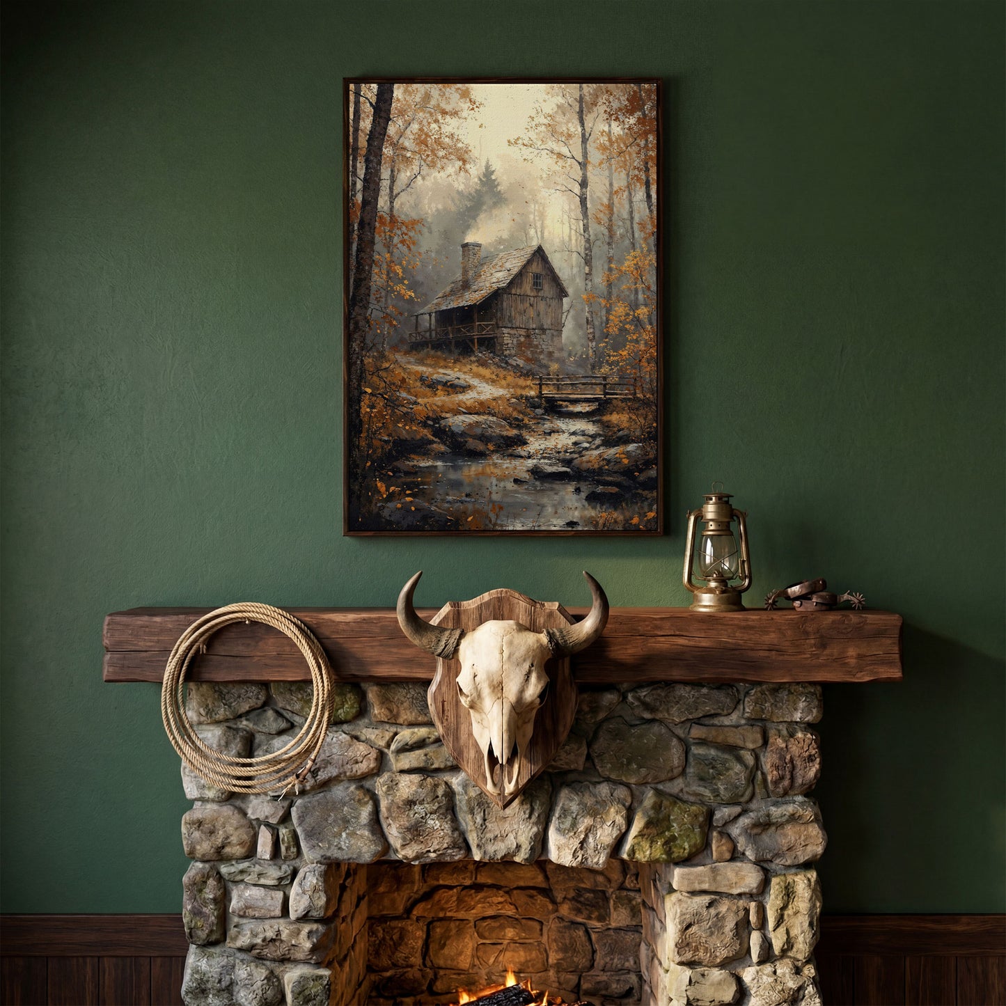 Rustic Autumn Forest Cabin Canvas in dark walnut floating frame