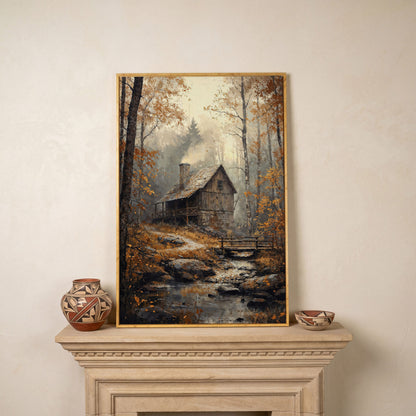 Rustic Autumn Forest Cabin Canvas in white oak floating frame