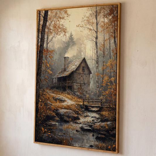 Rustic Autumn Forest Cabin Canvas shown in white oak floating frame