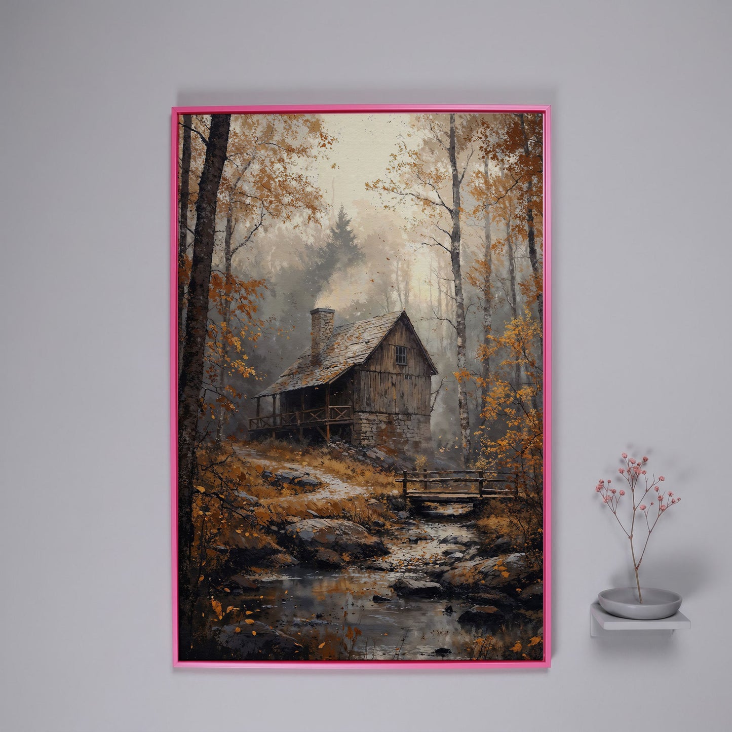 Rustic Autumn Forest Cabin Canvas in pink floating frame