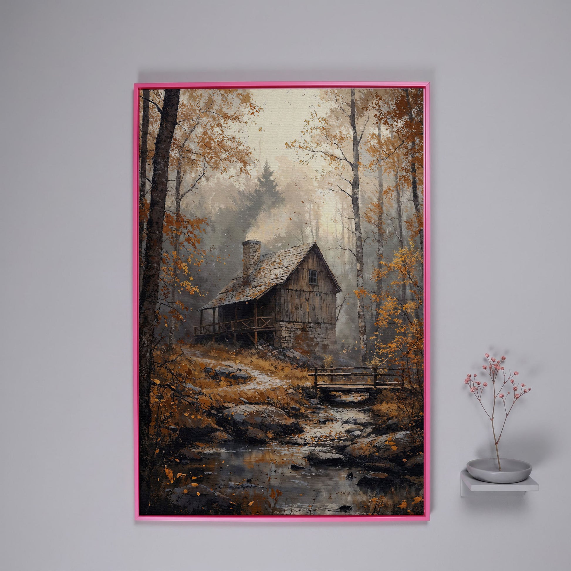 Rustic Autumn Forest Cabin Canvas in pink floating frame