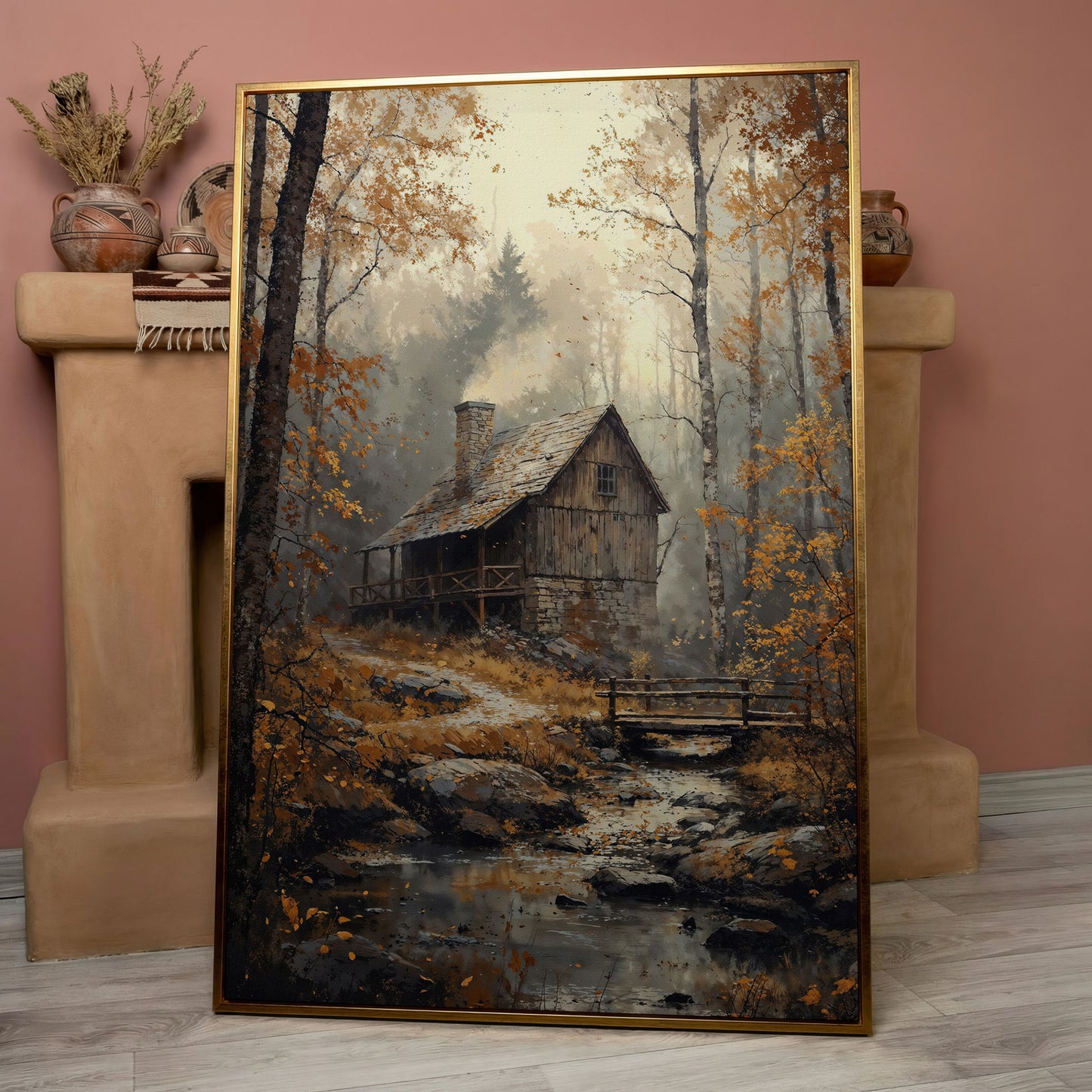 Rustic Autumn Forest Cabin Canvas in rose gold floating frame
