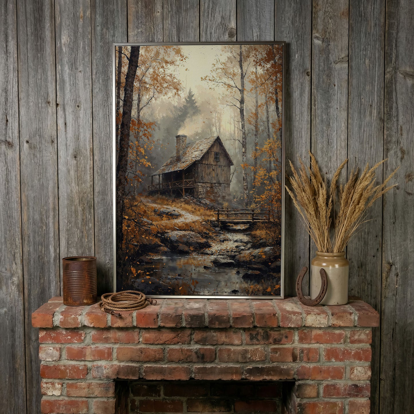 Rustic Autumn Forest Cabin Canvas in silver floating frame
