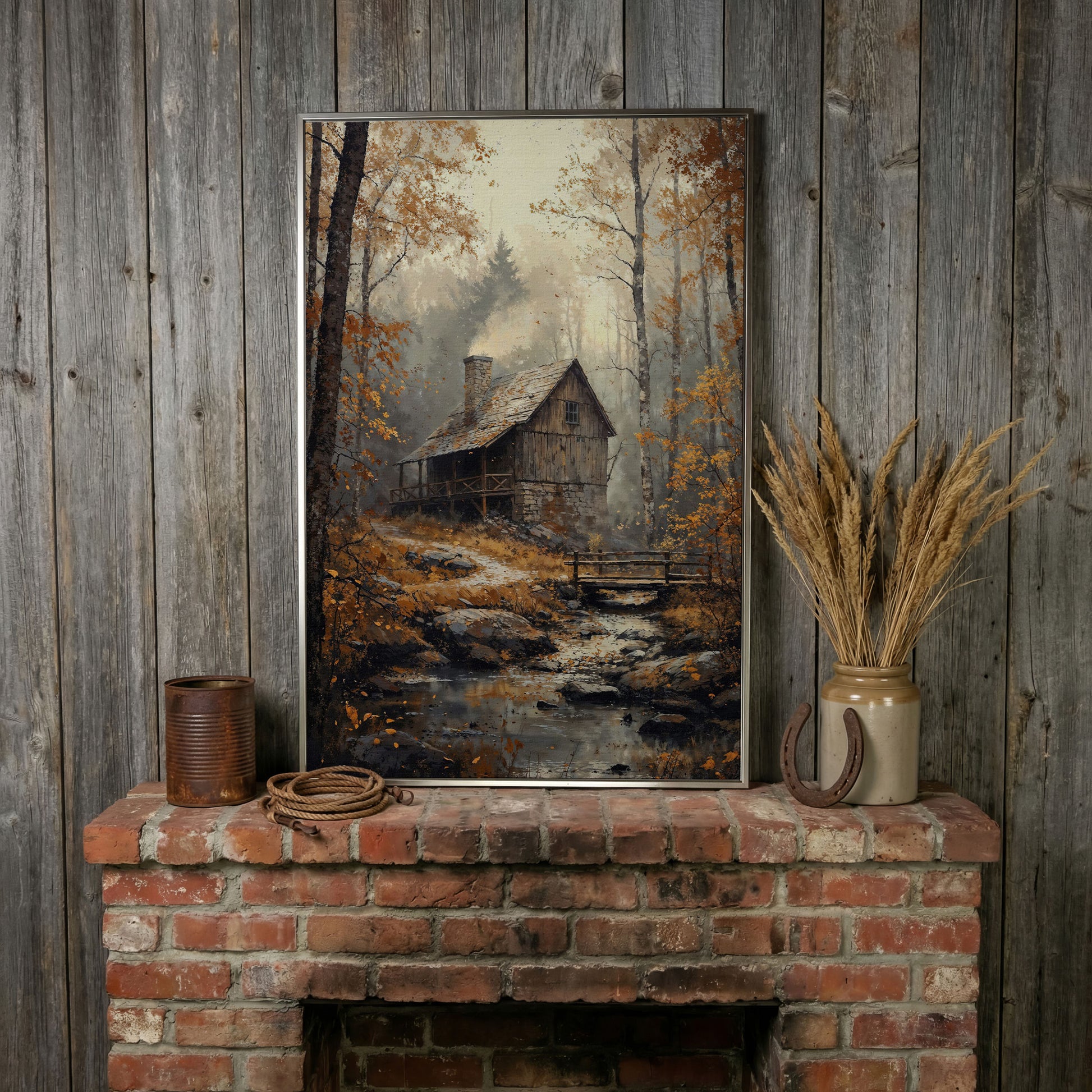 Rustic Autumn Forest Cabin Canvas in silver floating frame