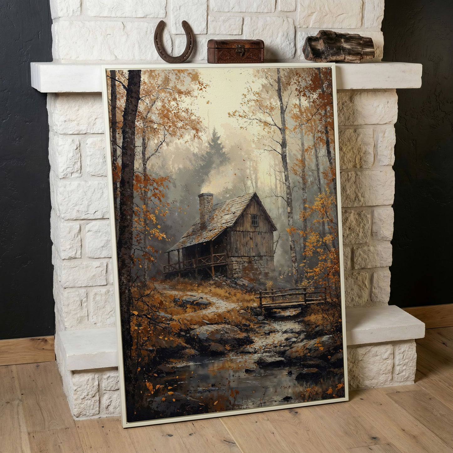 Rustic Autumn Forest Cabin Canvas in white floating frame