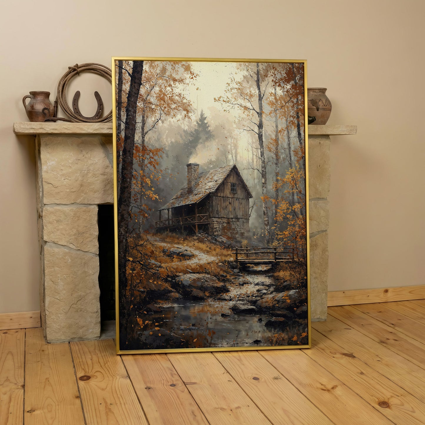 Rustic Autumn Forest Cabin Canvas in yellow gold floating frame