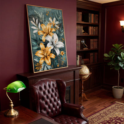 Lily Bouquet Canvas in Mustard and Teal in antique gold floating frame