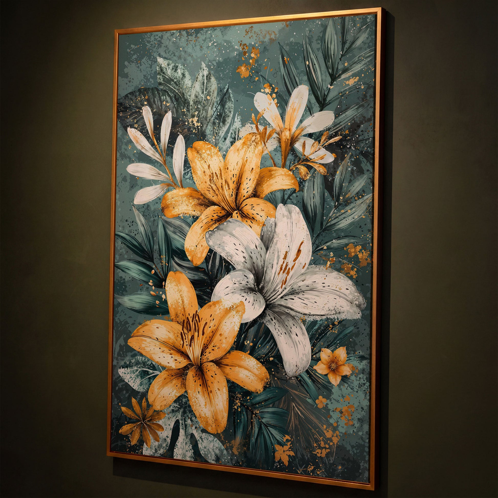 Lily Bouquet Canvas in Mustard and Teal shown in antique gold floating frame
