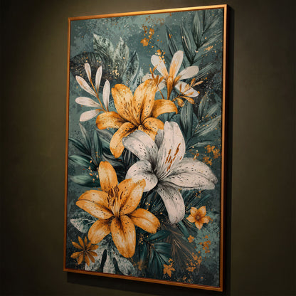 Lily Bouquet Canvas in Mustard and Teal shown in antique gold floating frame
