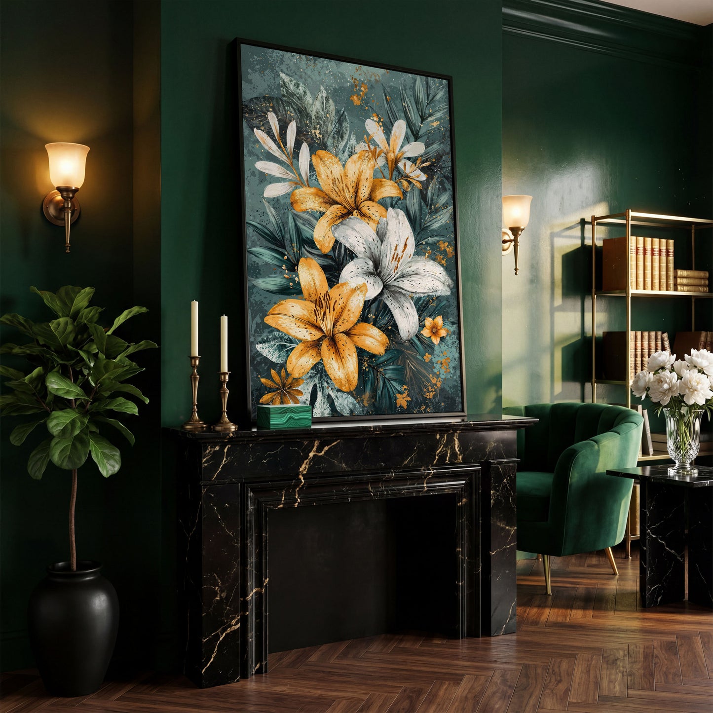 Lily Bouquet Canvas in Mustard and Teal in black floating frame