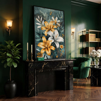 Lily Bouquet Canvas in Mustard and Teal in black floating frame