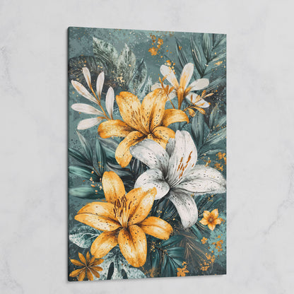 Lily Bouquet Canvas in Mustard and Teal on gallery wrap