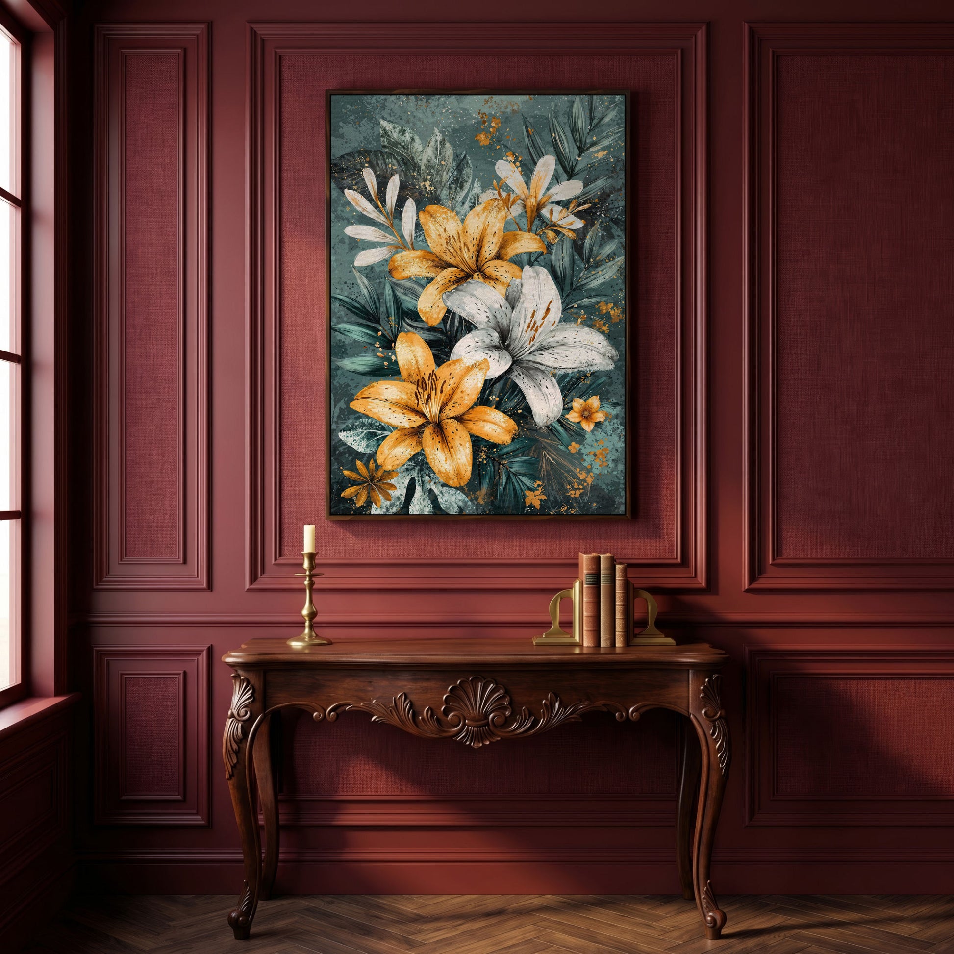 Lily Bouquet Canvas in Mustard and Teal in dark walnut floating frame