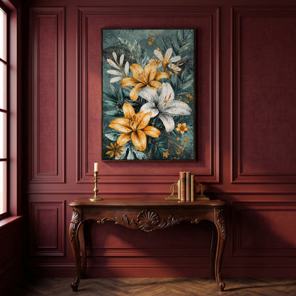Lily Bouquet Canvas in Mustard and Teal in dark walnut floating frame