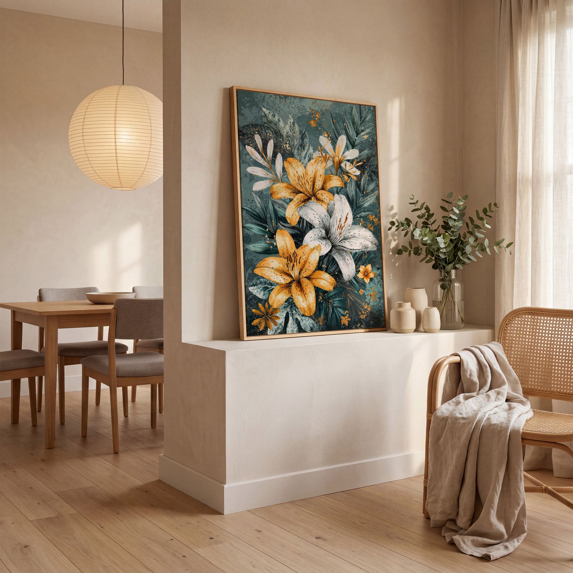 Lily Bouquet Canvas in Mustard and Teal in white oak floating frame