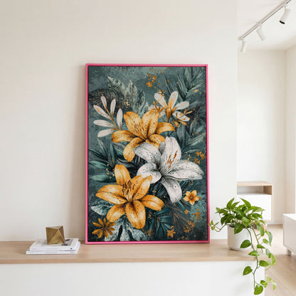 Lily Bouquet Canvas in Mustard and Teal in pink floating frame
