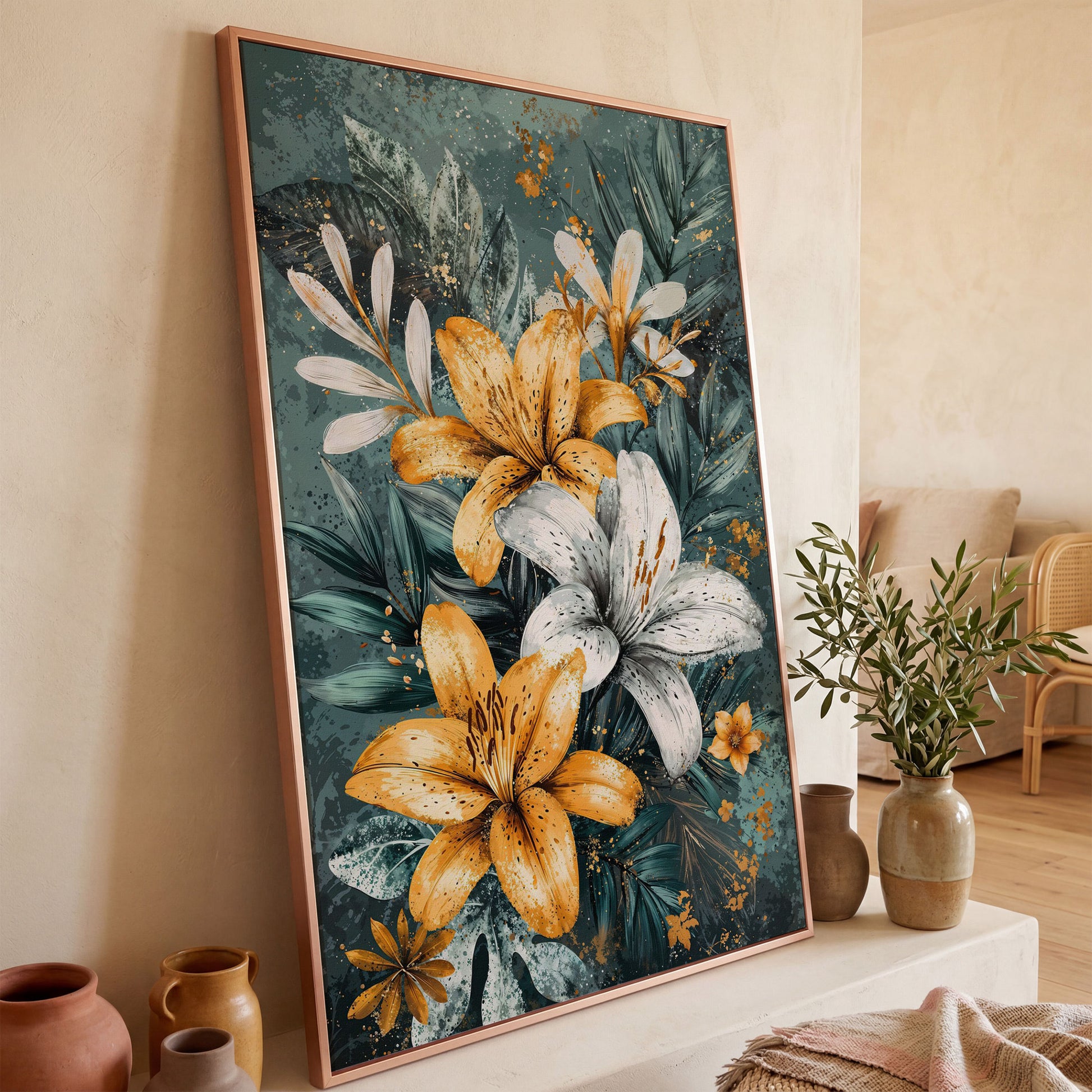Lily Bouquet Canvas in Mustard and Teal in rose gold floating frame
