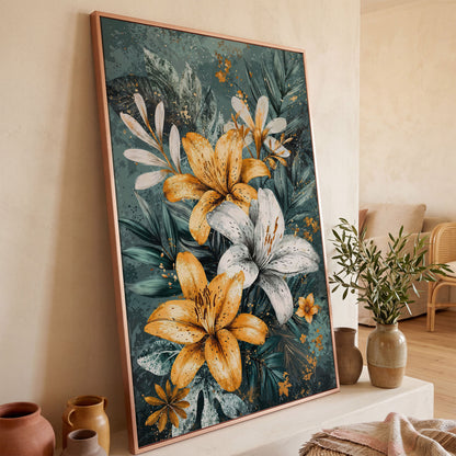 Lily Bouquet Canvas in Mustard and Teal in rose gold floating frame
