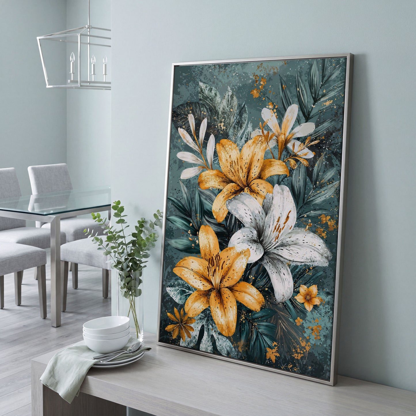 Lily Bouquet Canvas in Mustard and Teal in silver floating frame