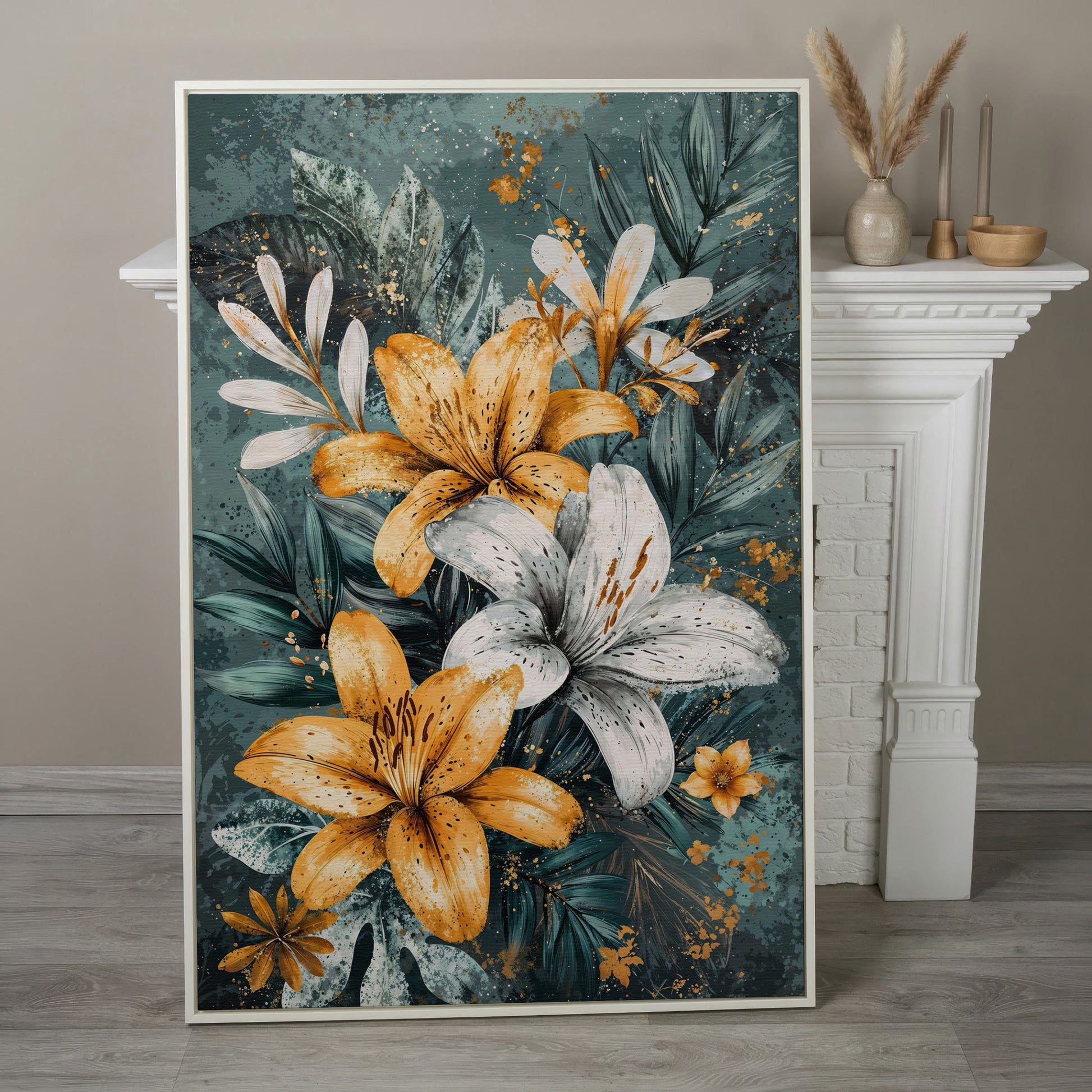 Lily Bouquet Canvas in Mustard and Teal in white floating frame