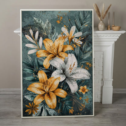 Lily Bouquet Canvas in Mustard and Teal in white floating frame
