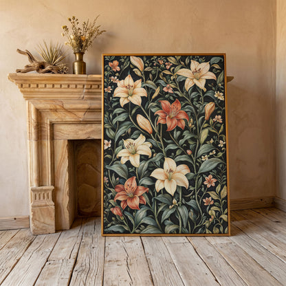 Dark Lily Canvas Print with Peach and Sage Blooms in antique gold floating frame