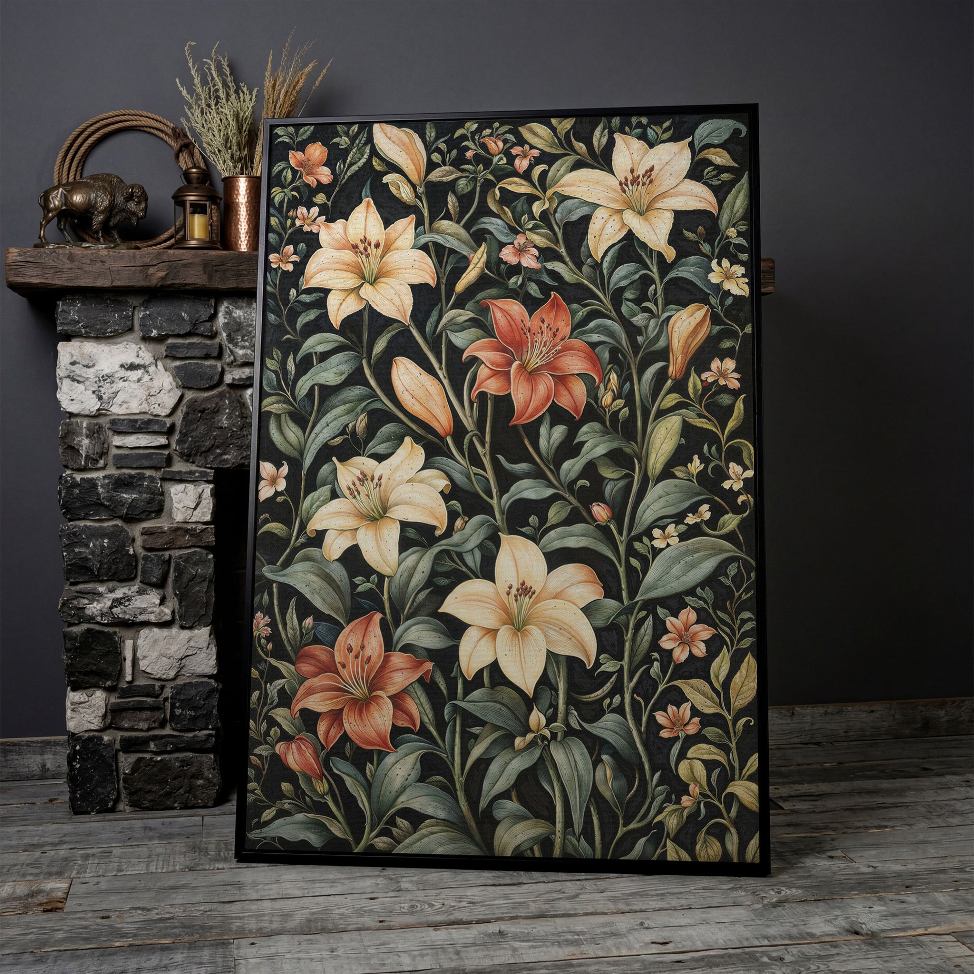 Dark Lily Canvas Print with Peach and Sage Blooms in black floating frame
