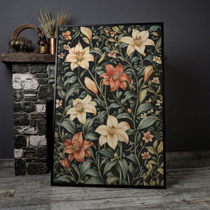 Dark Lily Canvas Print with Peach and Sage Blooms in black floating frame