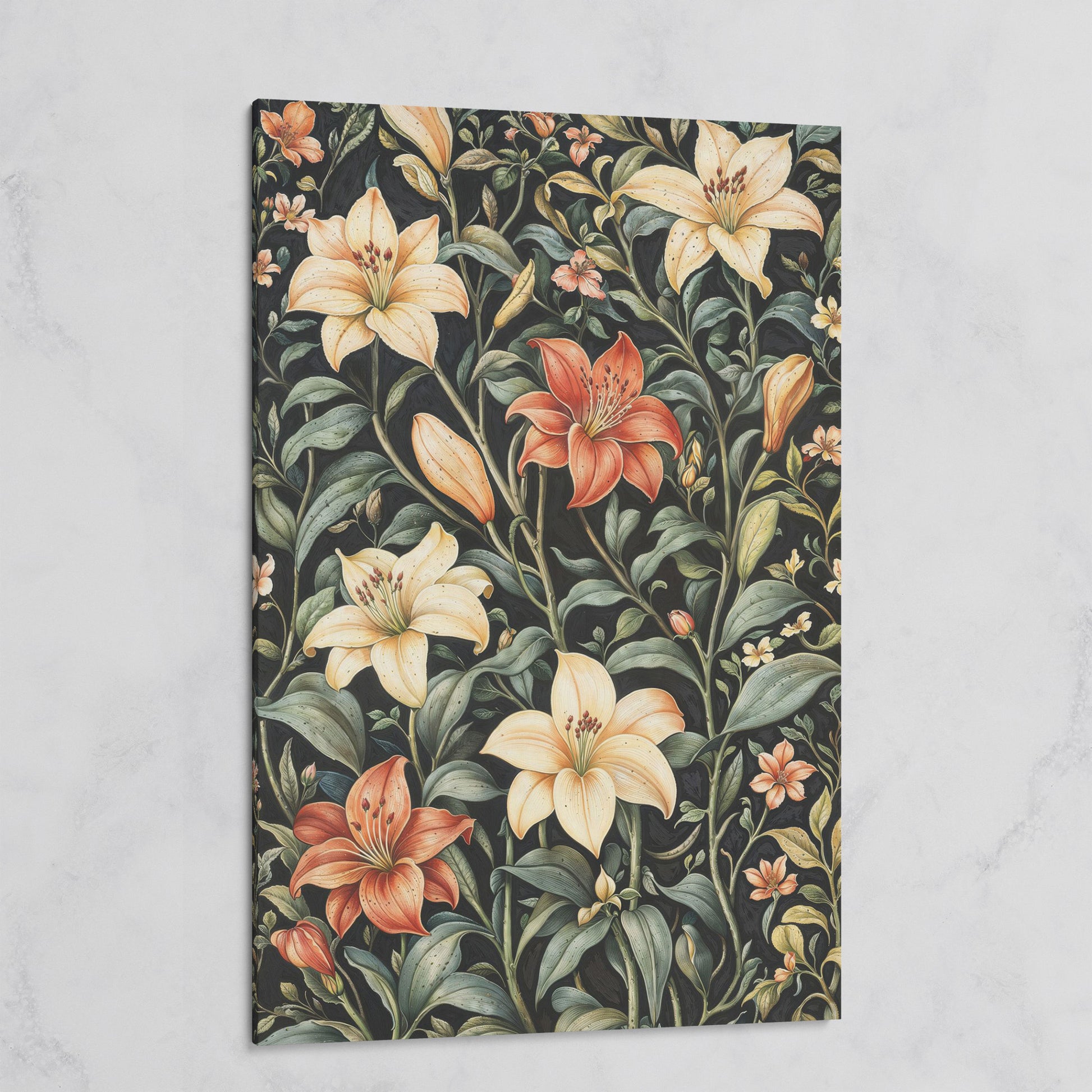 Dark Lily Canvas Print with Peach and Sage Blooms on gallery wrap