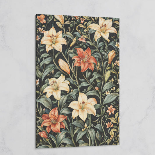 Dark Lily Canvas Print with Peach and Sage Blooms on gallery wrap