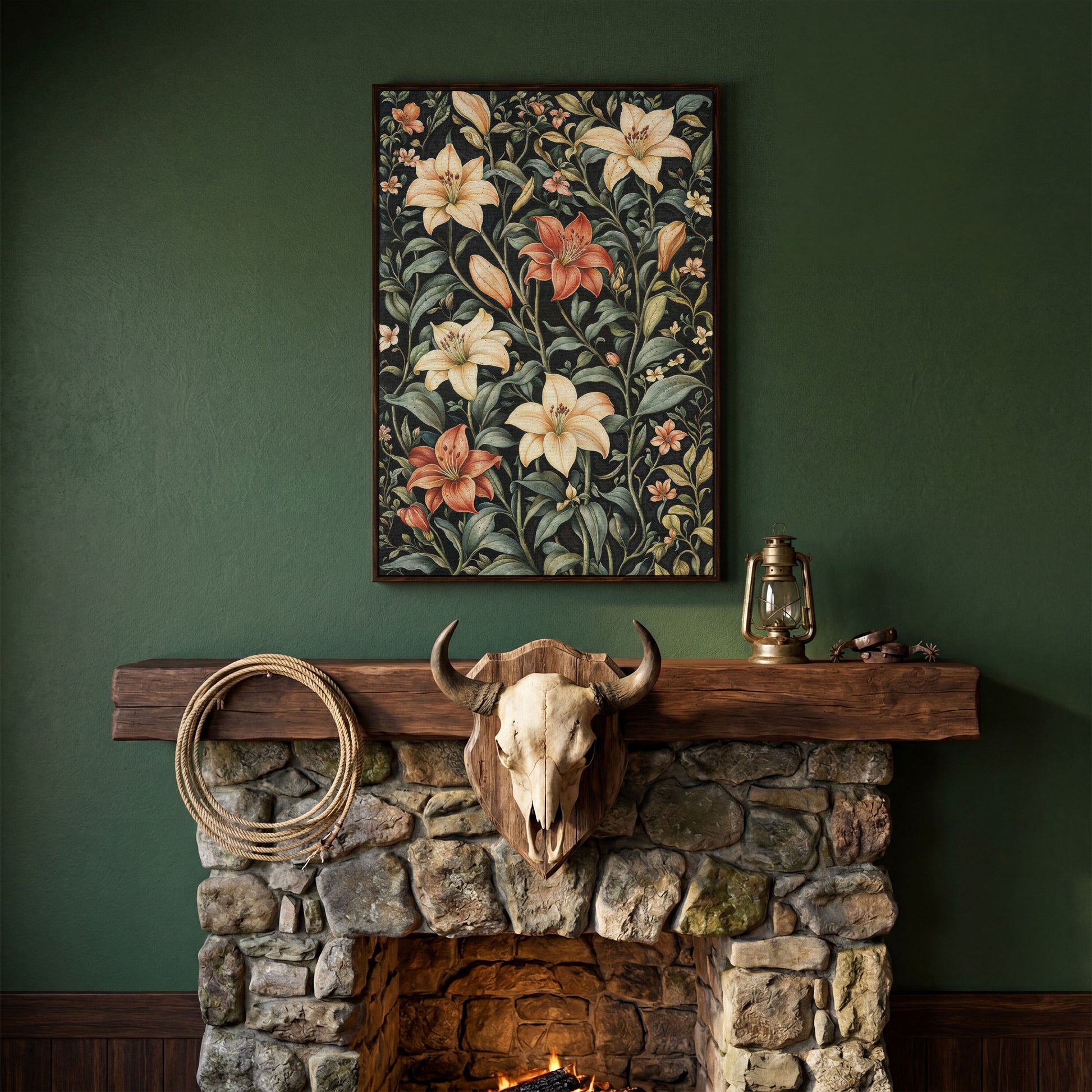 Dark Lily Canvas Print with Peach and Sage Blooms in dark walnut floating frame