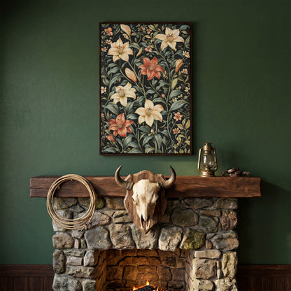 Dark Lily Canvas Print with Peach and Sage Blooms in dark walnut floating frame