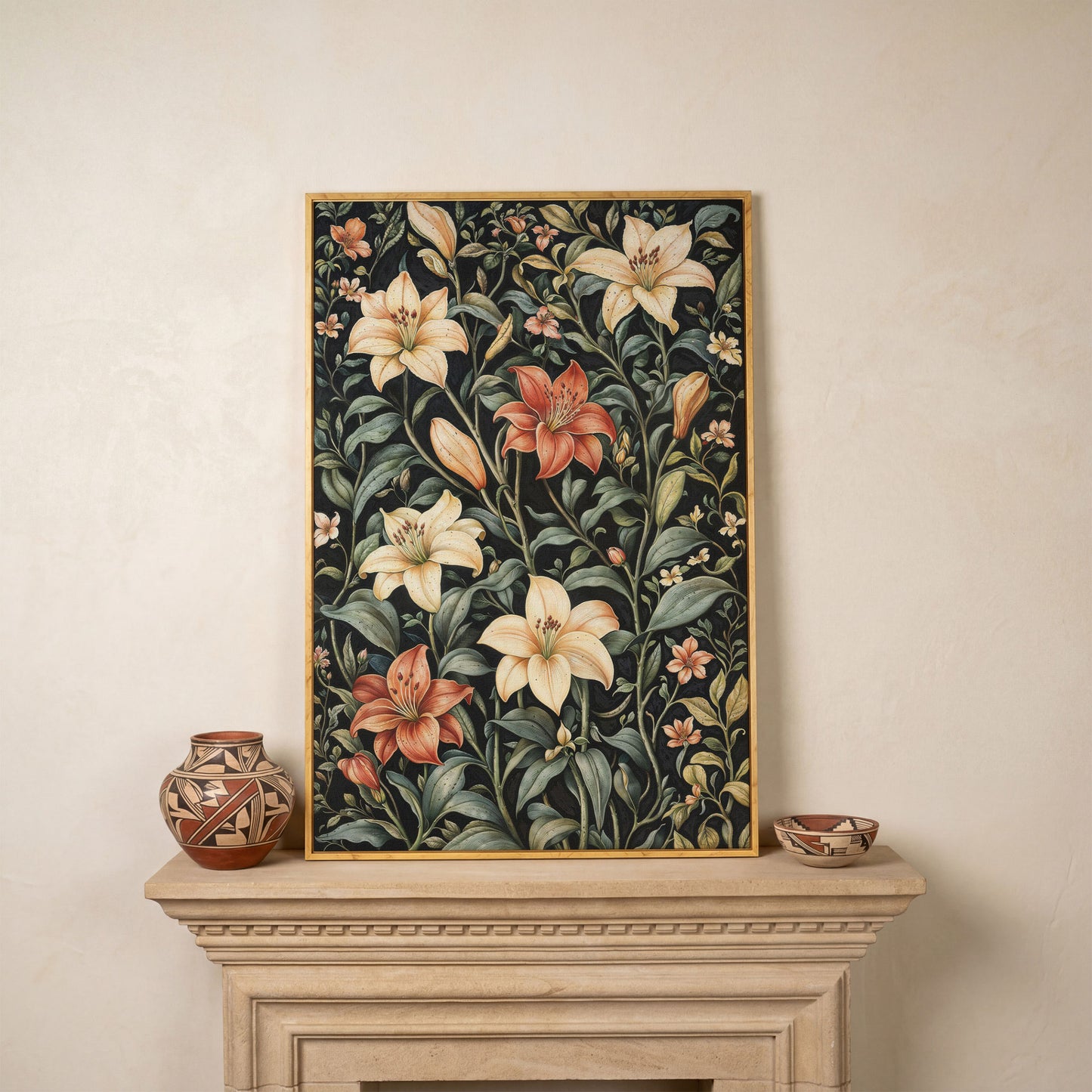 Dark Lily Canvas Print with Peach and Sage Blooms in white oak floating frame