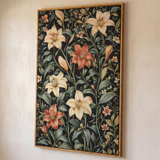 Dark Lily Canvas Print with Peach and Sage Blooms shown in white oak floating frame