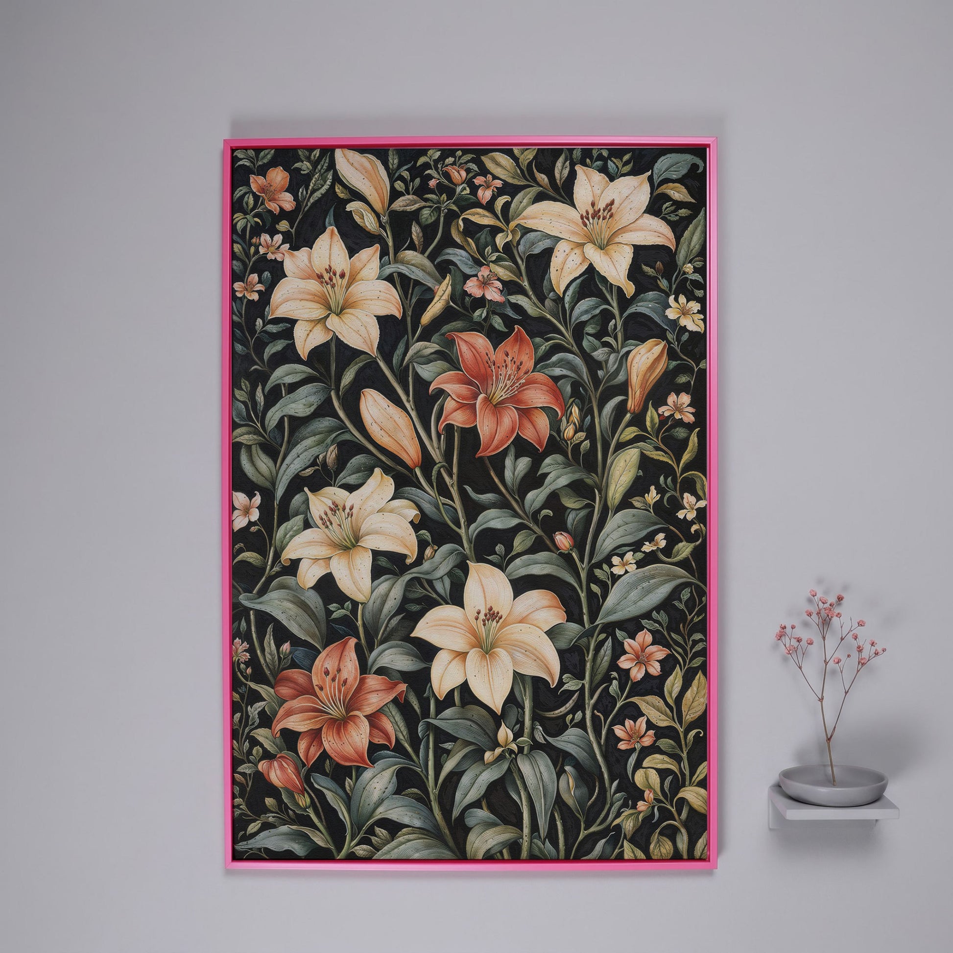 Dark Lily Canvas Print with Peach and Sage Blooms in pink floating frame