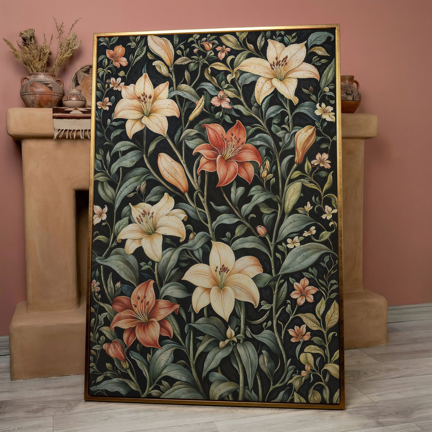 Dark Lily Canvas Print with Peach and Sage Blooms in rose gold floating frame