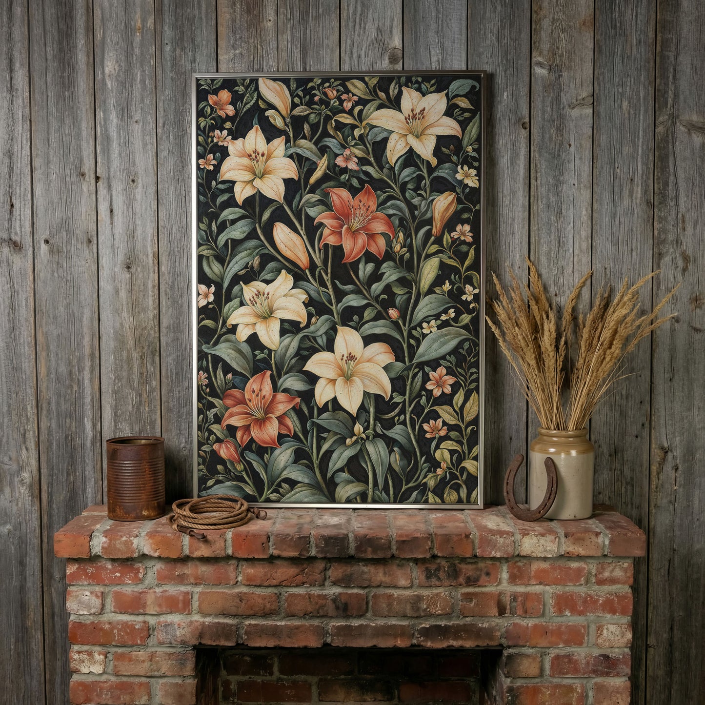 Dark Lily Canvas Print with Peach and Sage Blooms in silver floating frame