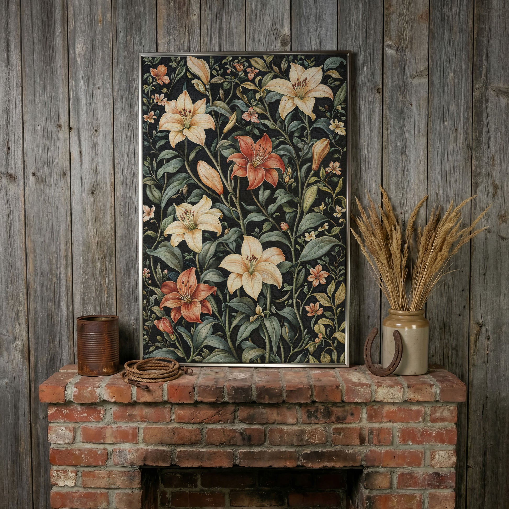 Dark Lily Canvas Print with Peach and Sage Blooms in silver floating frame