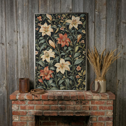Dark Lily Canvas Print with Peach and Sage Blooms in silver floating frame