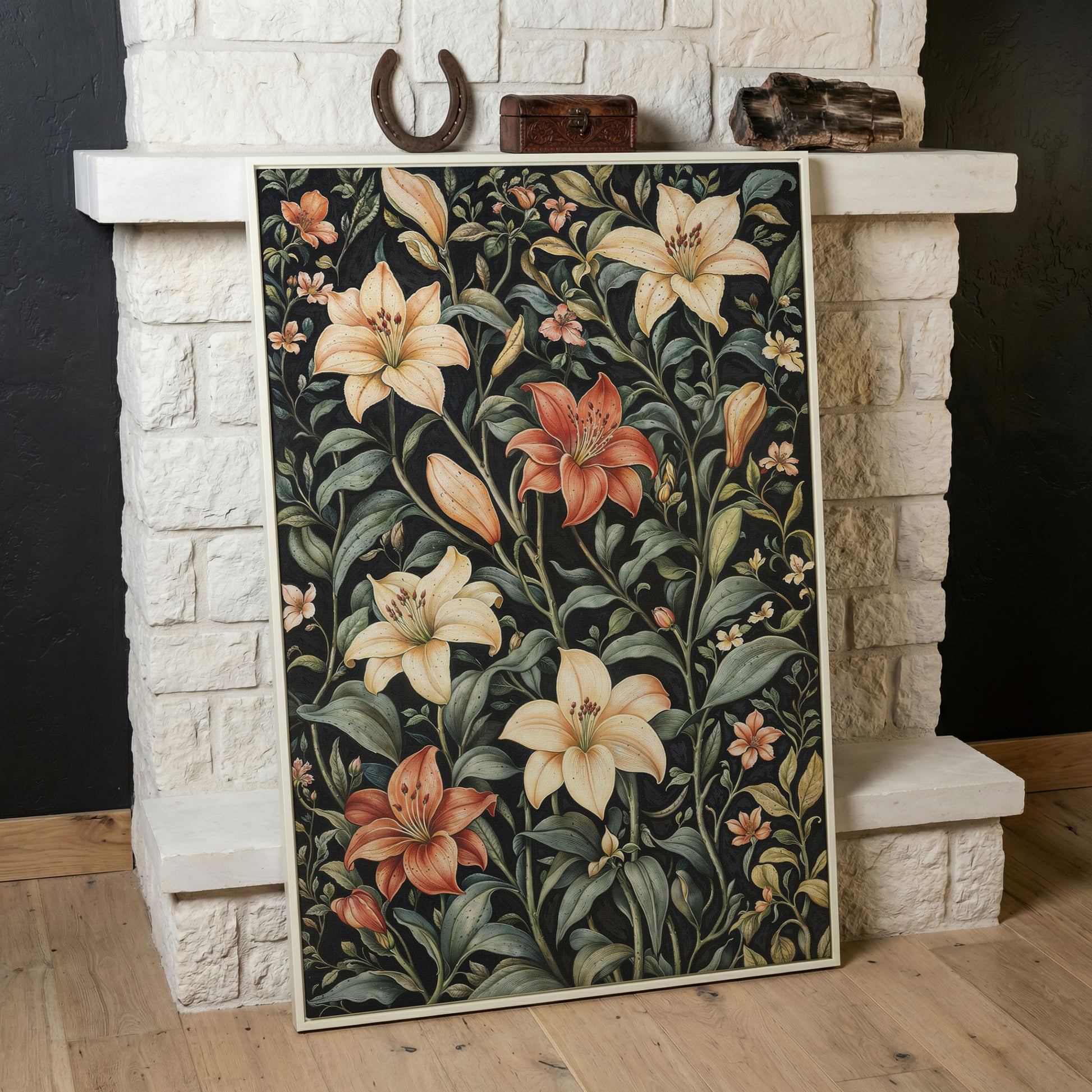 Dark Lily Canvas Print with Peach and Sage Blooms in white floating frame
