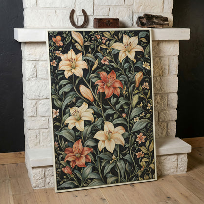 Dark Lily Canvas Print with Peach and Sage Blooms in white floating frame