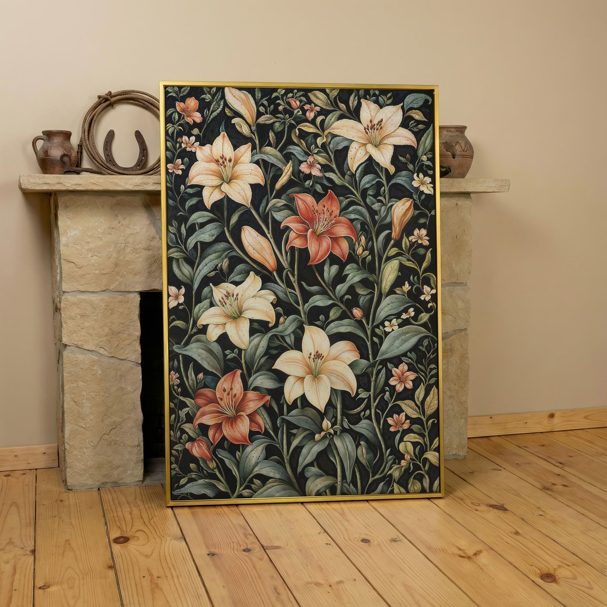 Dark Lily Canvas Print with Peach and Sage Blooms in yellow gold floating frame