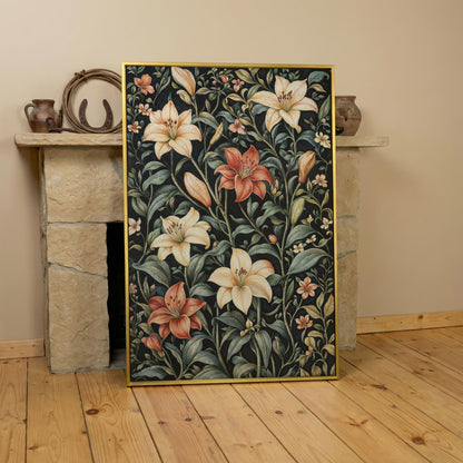 Dark Lily Canvas Print with Peach and Sage Blooms in yellow gold floating frame